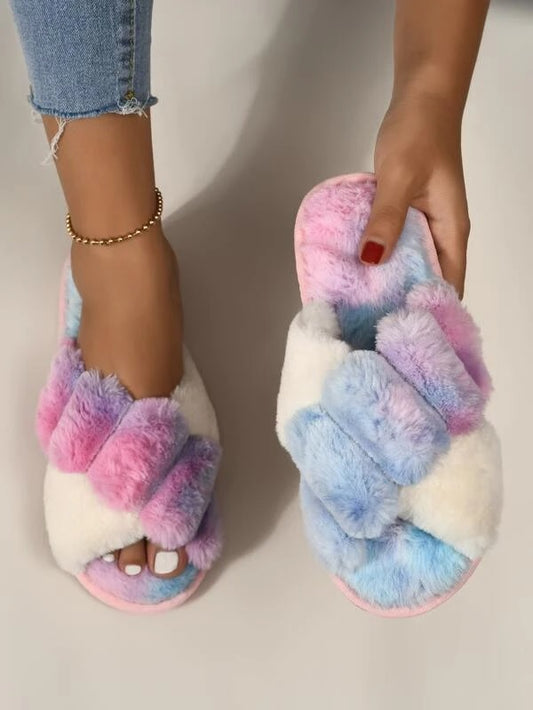 CM-SHS520819 Women Trendy Seoul Style Colorblock Cross Strap Fluffy Slippers