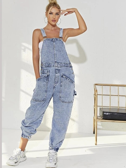 CM-JS406488 Women Preppy Seoul Style Light Wash Slant Pocket Denim Overalls