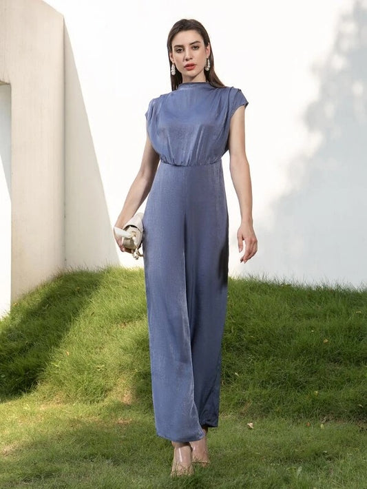CM-JS506338 Women Elegant Seoul Style Stand Collar Solid Batwing Sleeve Jumpsuit - Dusty Blue