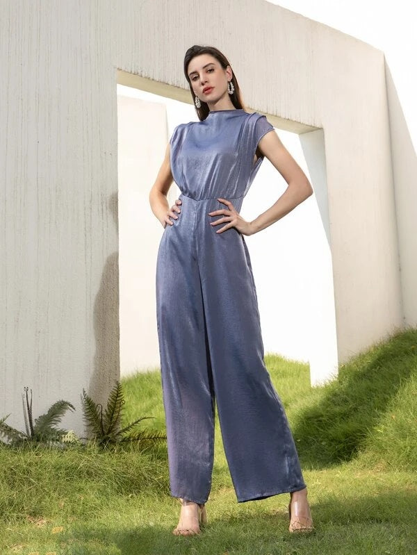 CM-JS506338 Women Elegant Seoul Style Stand Collar Solid Batwing Sleeve Jumpsuit - Dusty Blue