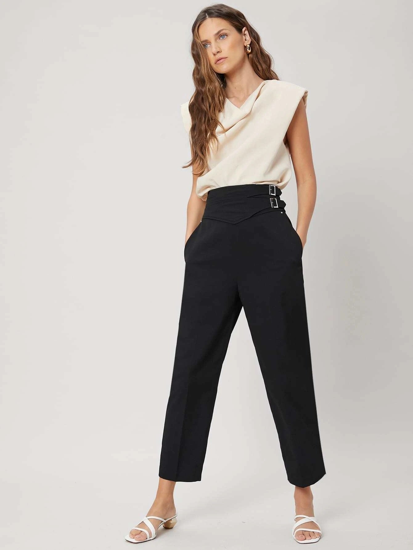 CM-BS413900 Women Elegant Seoul Style High Waist Talored Cropped Pants - Black