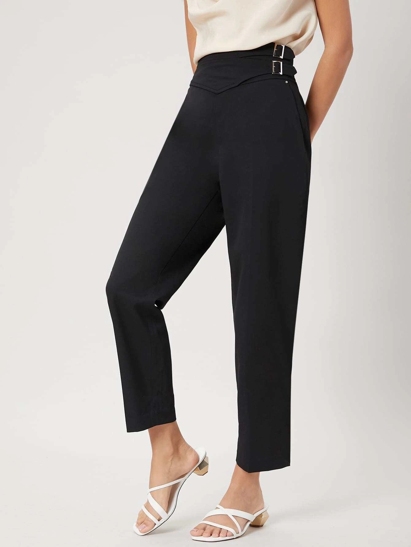 CM-BS413900 Women Elegant Seoul Style High Waist Talored Cropped Pants - Black