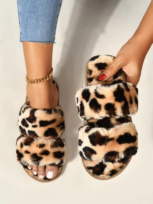 CM-SHS526126 Women Trendy Seoul Style Leopard Print Fluffy Slippers - Brown