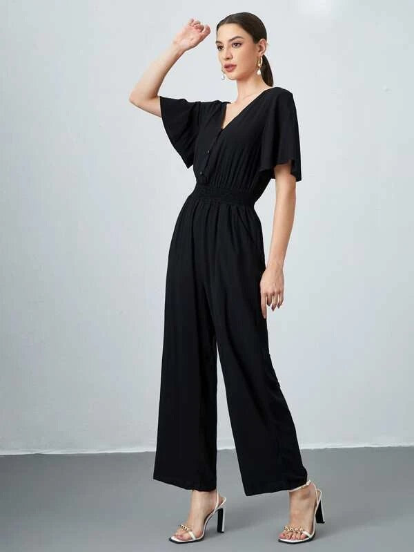 CM-JS430630 Women Casual Seoul Style Half Button Wide Leg Shirred Waist Jumpsuit - Black