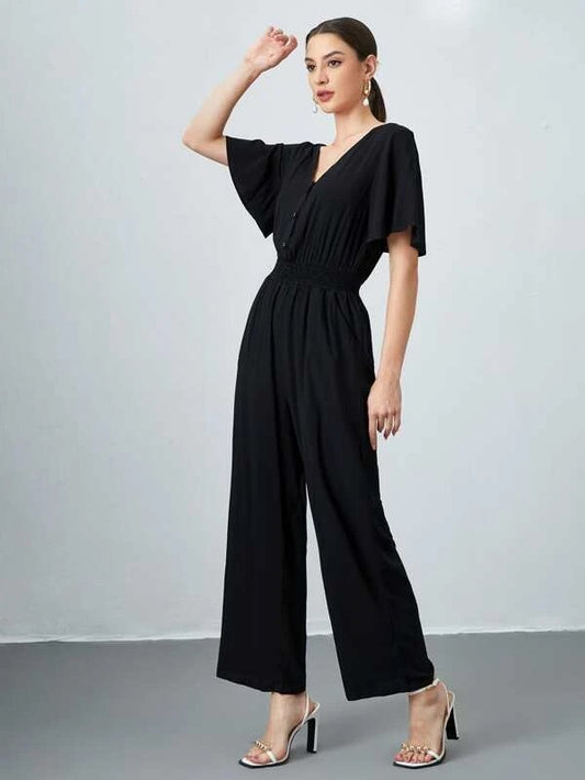 CM-JS430630 Women Casual Seoul Style Half Button Wide Leg Shirred Waist Jumpsuit - Black