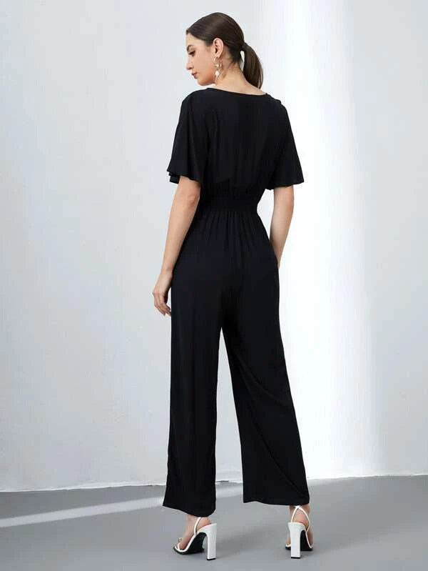 CM-JS430630 Women Casual Seoul Style Half Button Wide Leg Shirred Waist Jumpsuit - Black