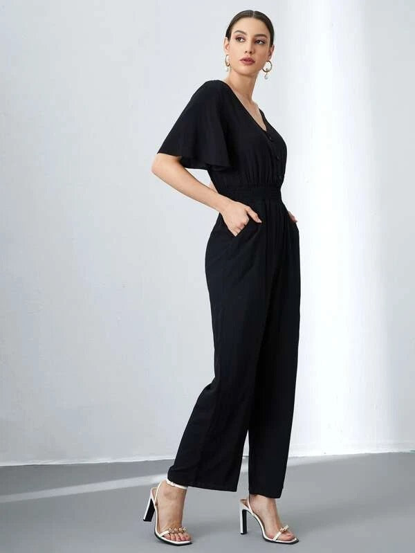CM-JS430630 Women Casual Seoul Style Half Button Wide Leg Shirred Waist Jumpsuit - Black