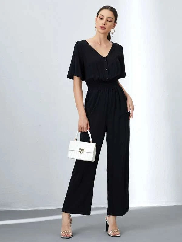 CM-JS430630 Women Casual Seoul Style Half Button Wide Leg Shirred Waist Jumpsuit - Black