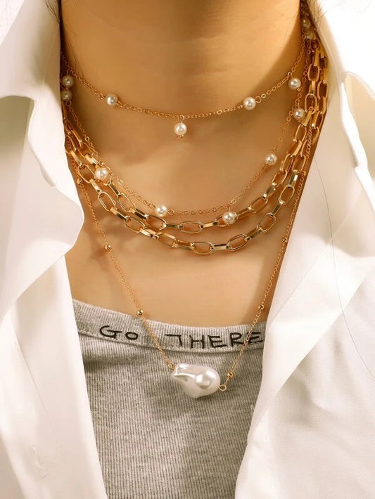CM-AXS527406 Women Trendy Seoul Style Faux Pearl Decor Layered Necklace