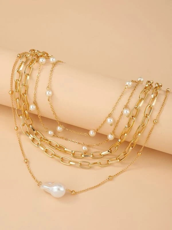 CM-AXS527406 Women Trendy Seoul Style Faux Pearl Decor Layered Necklace