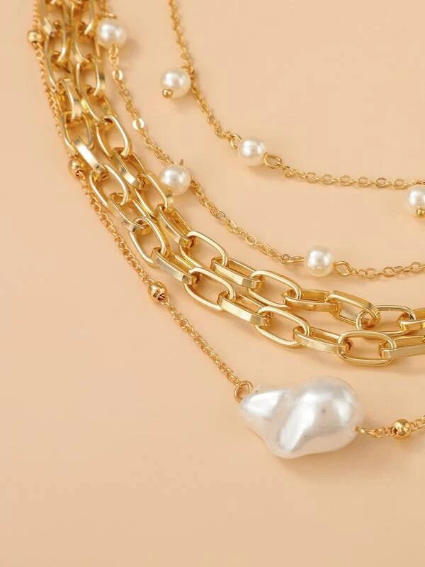 CM-AXS527406 Women Trendy Seoul Style Faux Pearl Decor Layered Necklace