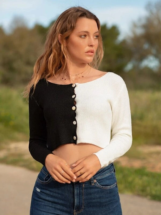 CM-CS401358 Women Casual Seoul Style Colorblock Button Front Crop Cardigan