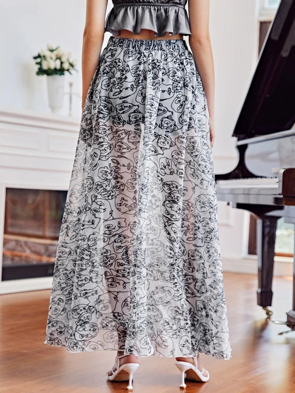 CM-BS510084 Women Elegant Seoul Style Abstract Print Mesh A-Line Maxi Skirt