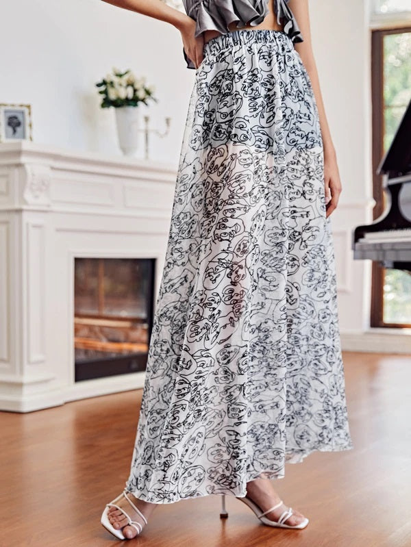 CM-BS510084 Women Elegant Seoul Style Abstract Print Mesh A-Line Maxi Skirt