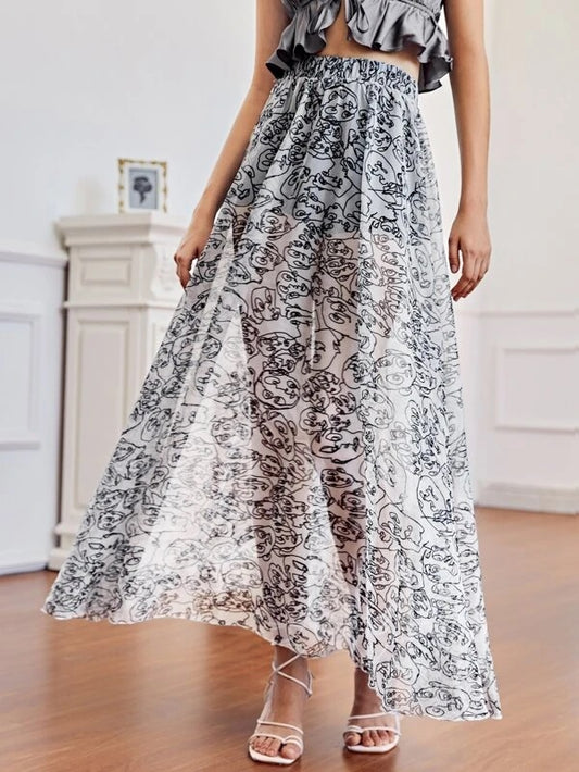 CM-BS510084 Women Elegant Seoul Style Abstract Print Mesh A-Line Maxi Skirt