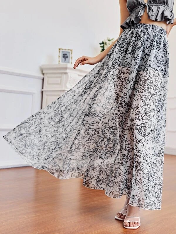 CM-BS510084 Women Elegant Seoul Style Abstract Print Mesh A-Line Maxi Skirt