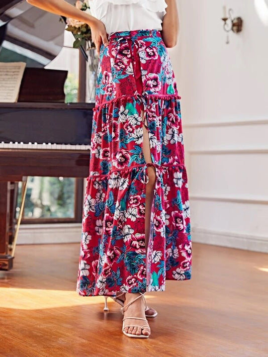 CM-BS507238 Women Trendy Bohemian Style Floral Pom Pom Detail Floral Skirt