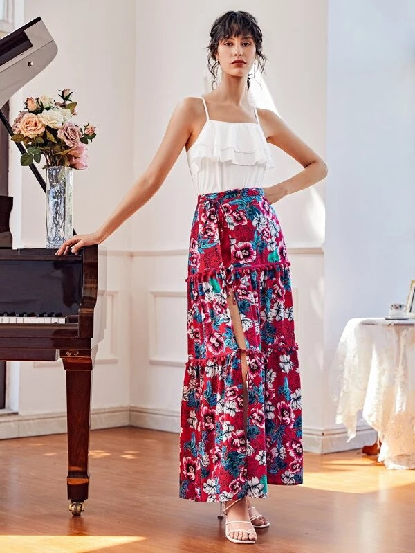CM-BS507238 Women Trendy Bohemian Style Floral Pom Pom Detail Floral Skirt