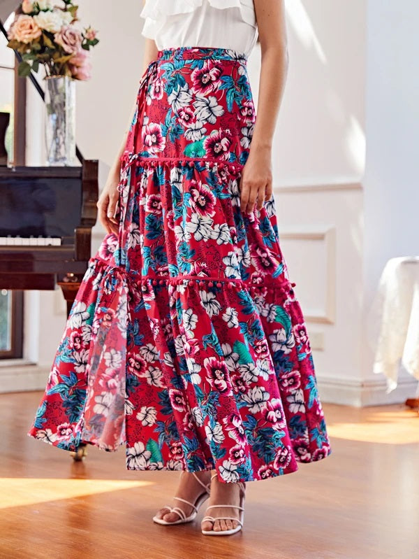 CM-BS507238 Women Trendy Bohemian Style Floral Pom Pom Detail Floral Skirt