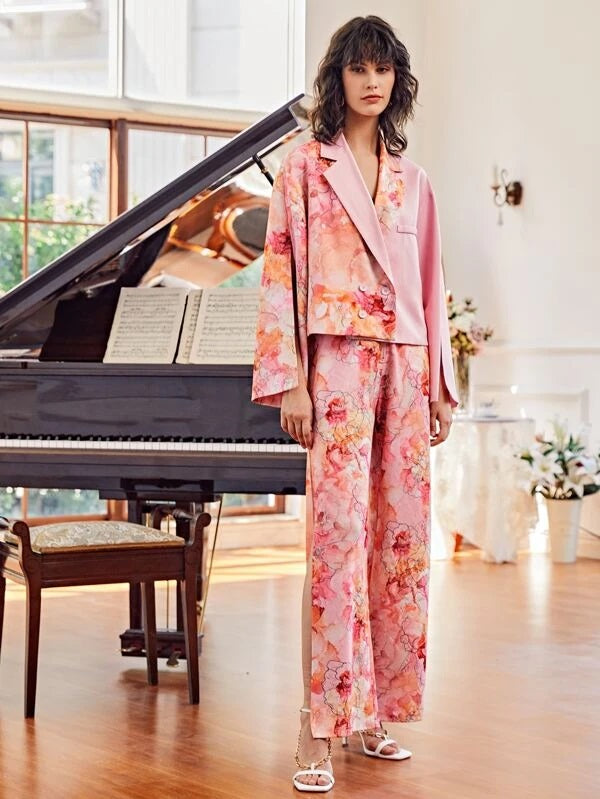 CM-BS422733 Women Elegant Seoul Style Zipper Fly Split Thigh Floral Print Palazzo Pants