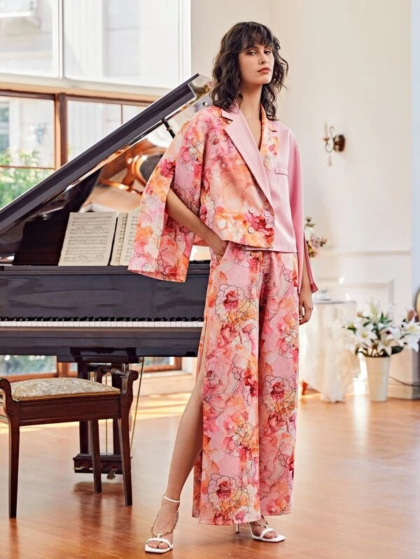 CM-BS422733 Women Elegant Seoul Style Zipper Fly Split Thigh Floral Print Palazzo Pants