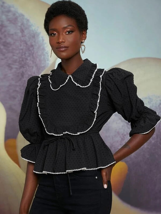 CM-TS407858 Women Casual Seoul Style Peter Pan Collar Flounce Sleeve Peplum Top