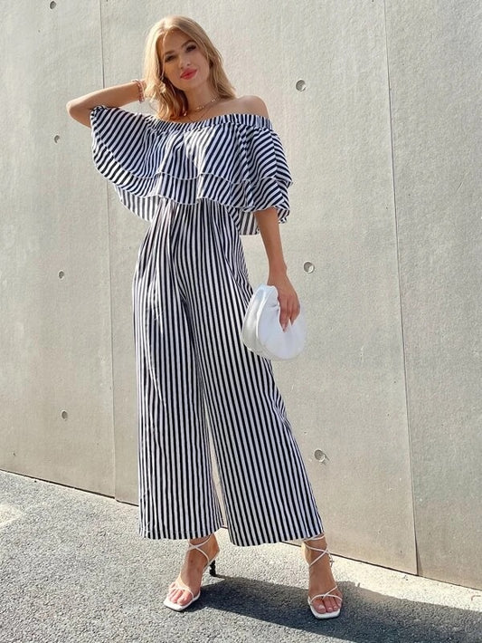 CM-JS427049 Women Casual Seoul Style Off Shoulder Short Sleeve Striped Wide Leg Jumpsuit