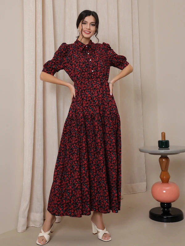 CM-DS520986 Women Trendy Bohemian Style Ditsy Floral Puff Sleeve Shirt Dress