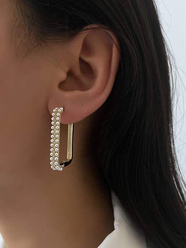 CM-AXS602339 Women Trendy Seoul Style Faux Pearl Decor Hoop Earrings - Gold