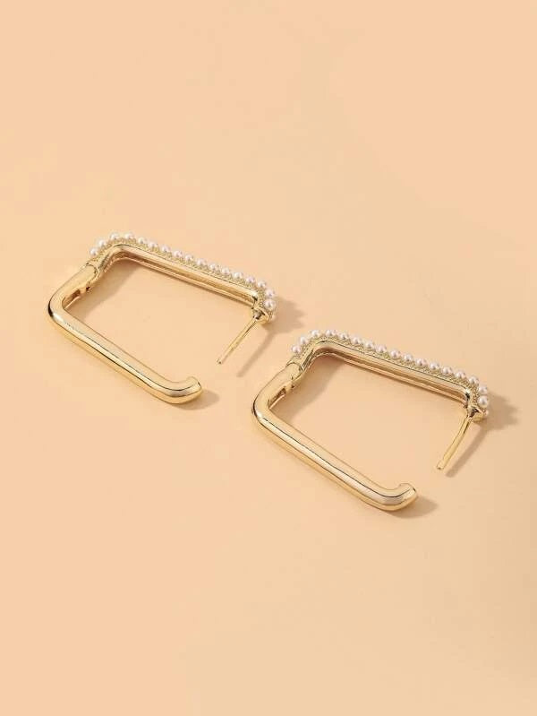 CM-AXS602339 Women Trendy Seoul Style Faux Pearl Decor Hoop Earrings - Gold