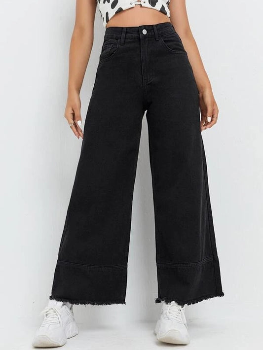 CM-BS511784 Women Preppy Seoul Style High Waist Wide Leg Jeans - Black