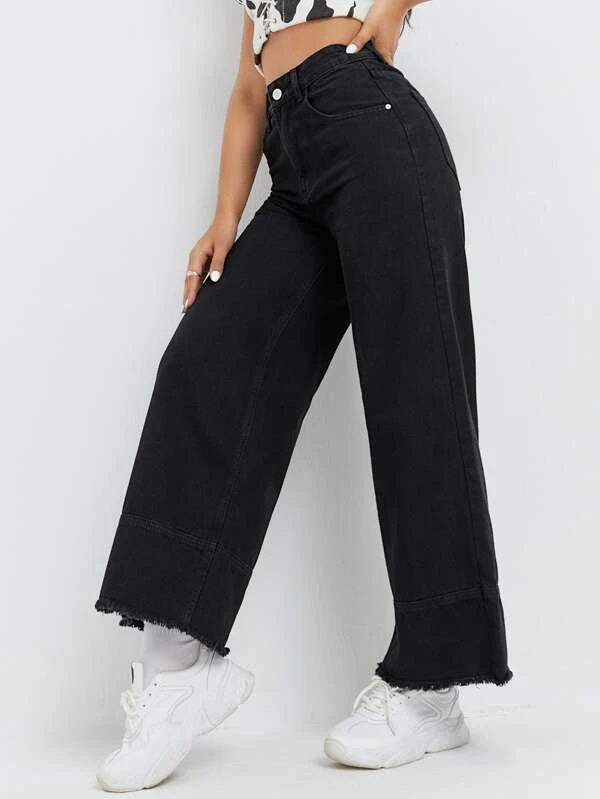 CM-BS511784 Women Preppy Seoul Style High Waist Wide Leg Jeans - Black