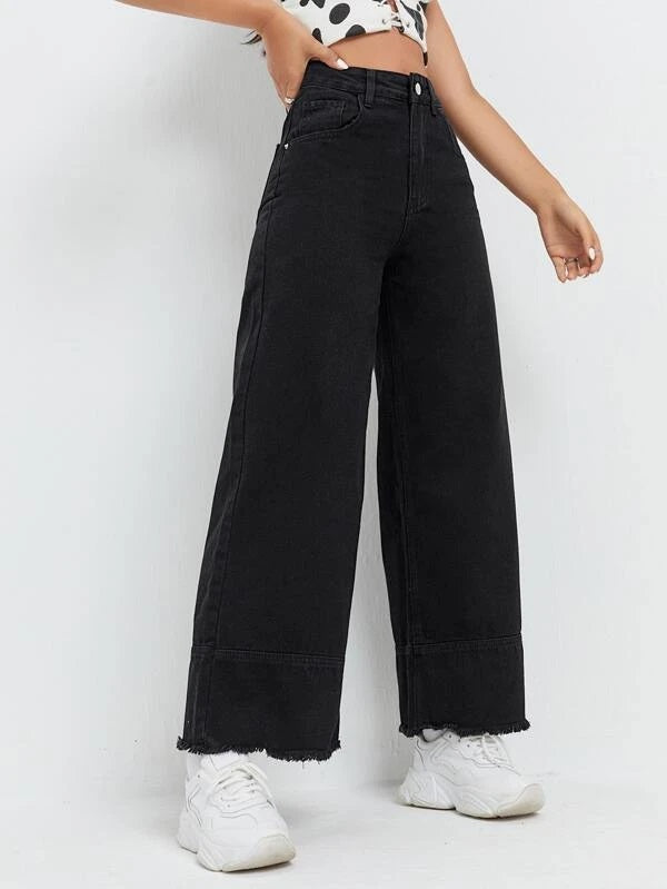 CM-BS511784 Women Preppy Seoul Style High Waist Wide Leg Jeans - Black