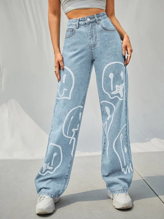 CM-BS601777 Women Casual Seoul Style Light Wash High Waist Cartoon Graphic Wide Leg Jeans