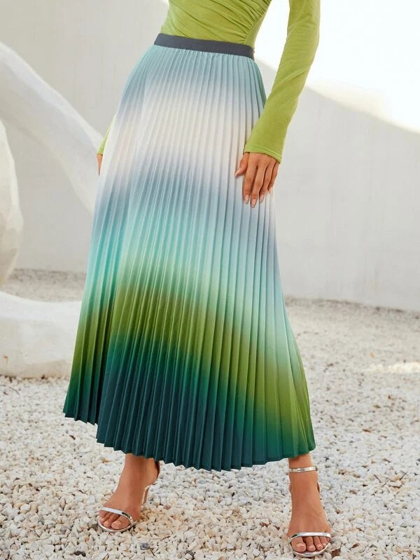 CM-BS420874 Women Trendy Bohemian Style Ombre Elastic Waist Pleated Skirt