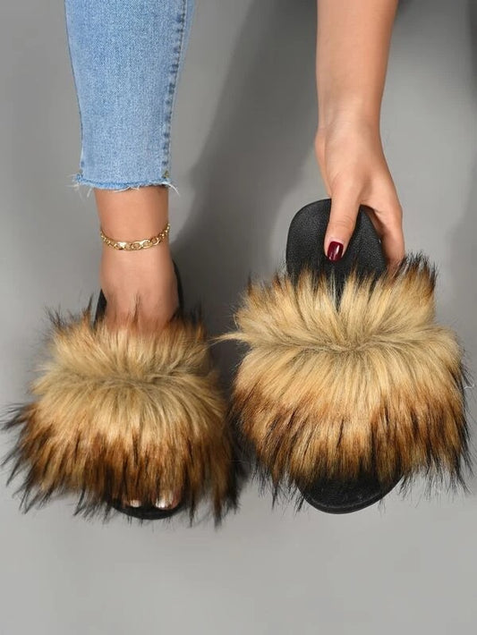 CM-SHS608106 Women Trendy Seoul Style Open Toe Fluffy Slides - Brown