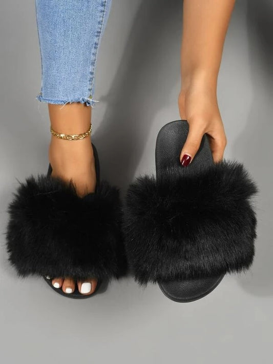CM-SHS608460 Women Trendy Seoul Style Minimalist Open Toe Fluffy Slides - Black