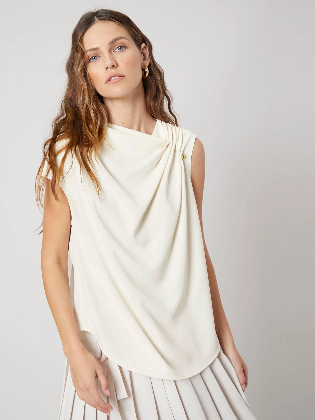 CM-TS422144 Women Elegant Seoul Style Sleeveless Gathered Asymmetrical Top - Beige