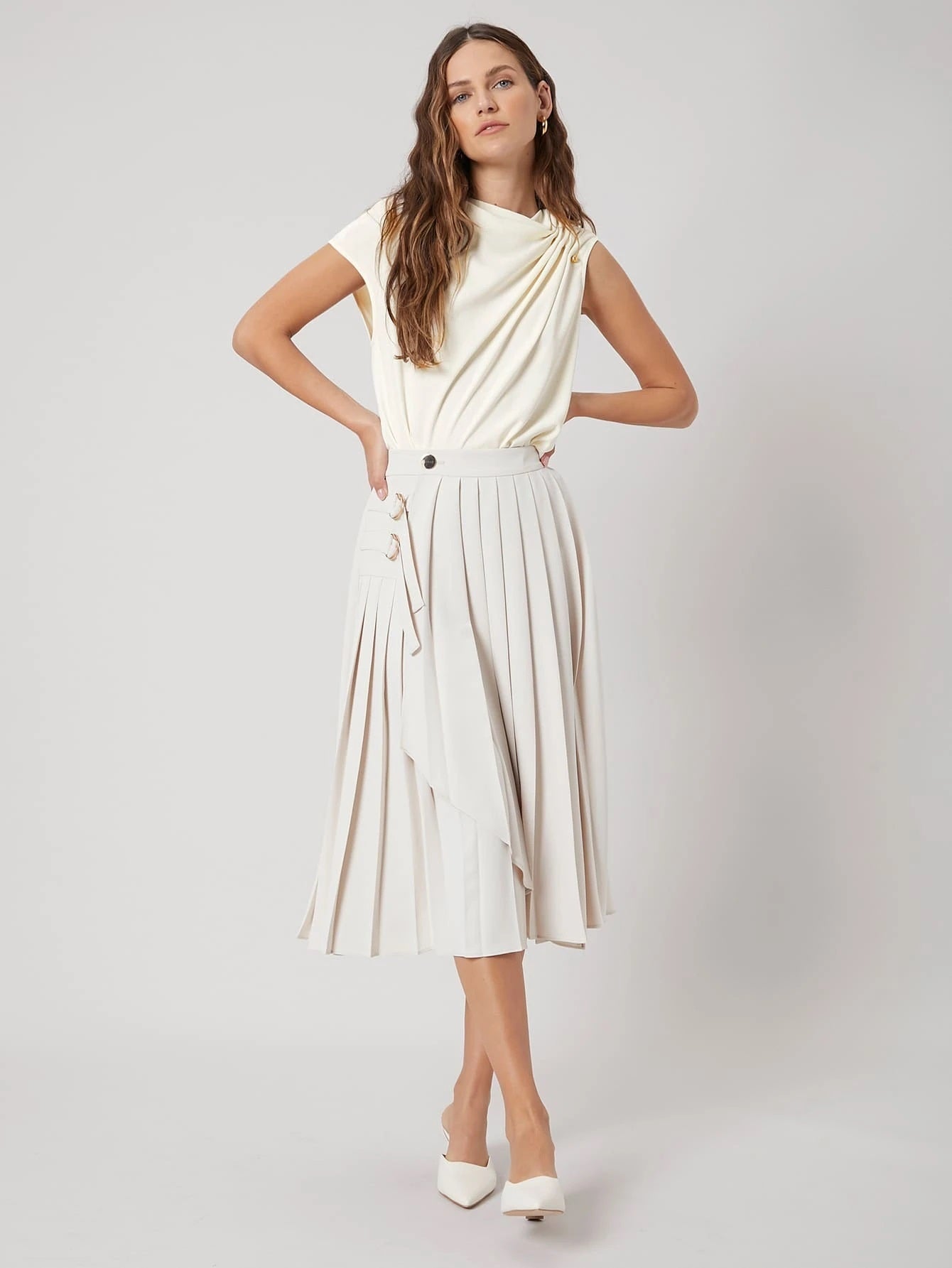 CM-TS422144 Women Elegant Seoul Style Sleeveless Gathered Asymmetrical Top - Beige