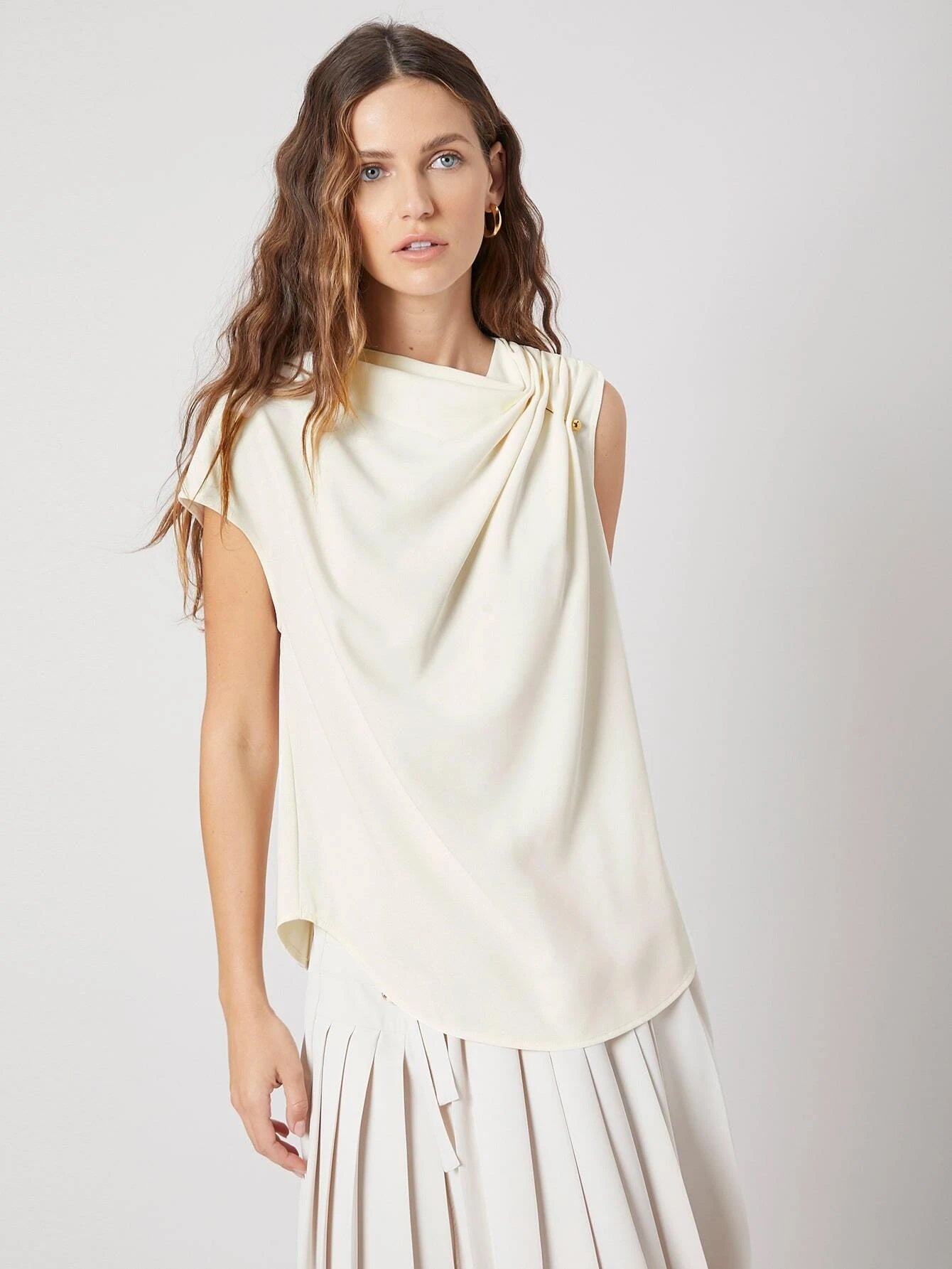 CM-TS422144 Women Elegant Seoul Style Sleeveless Gathered Asymmetrical Top - Beige