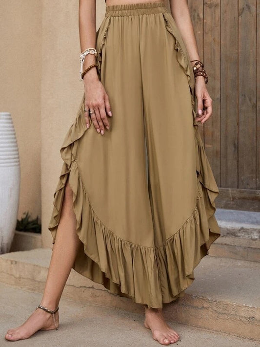 CM-BS609290 Women Trendy Bohemian Style Elastic Waist Ruffle Hem Wide Leg Pants - Brown