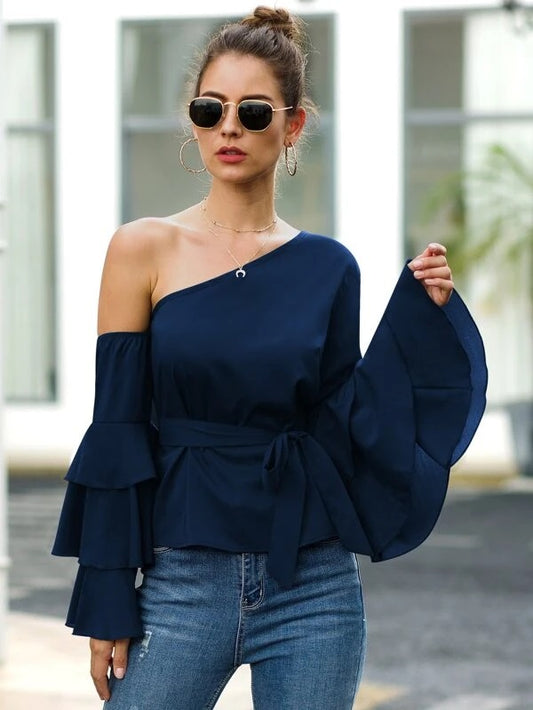 CM-TS602015 Women Casual Seoul Style Asymmetric Neck Layered Sleeve Belted Top - Navy Blue