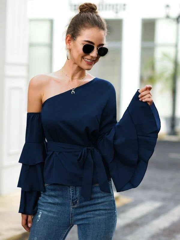 CM-TS602015 Women Casual Seoul Style Asymmetric Neck Layered Sleeve Belted Top - Navy Blue