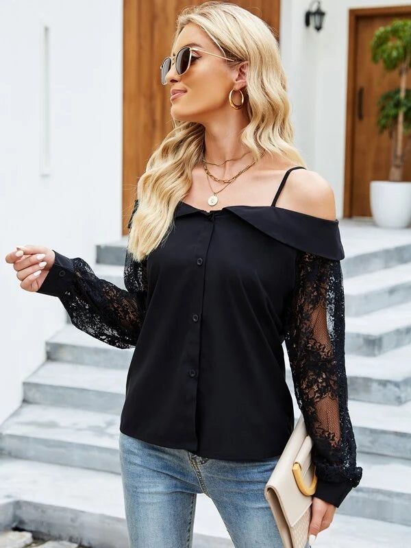 CM-TS531723 Women Casual Seoul Style Cold Shoulder Contrast Lace Sleeve Button Up Blouse