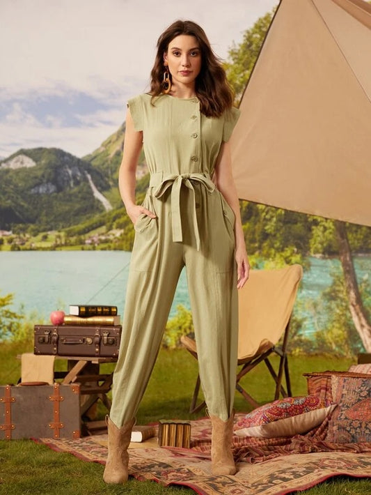 CM-JS521104 Women Elegant Seoul Style Solid Tie Waist Single Breasted Jumpsuit - Khaki