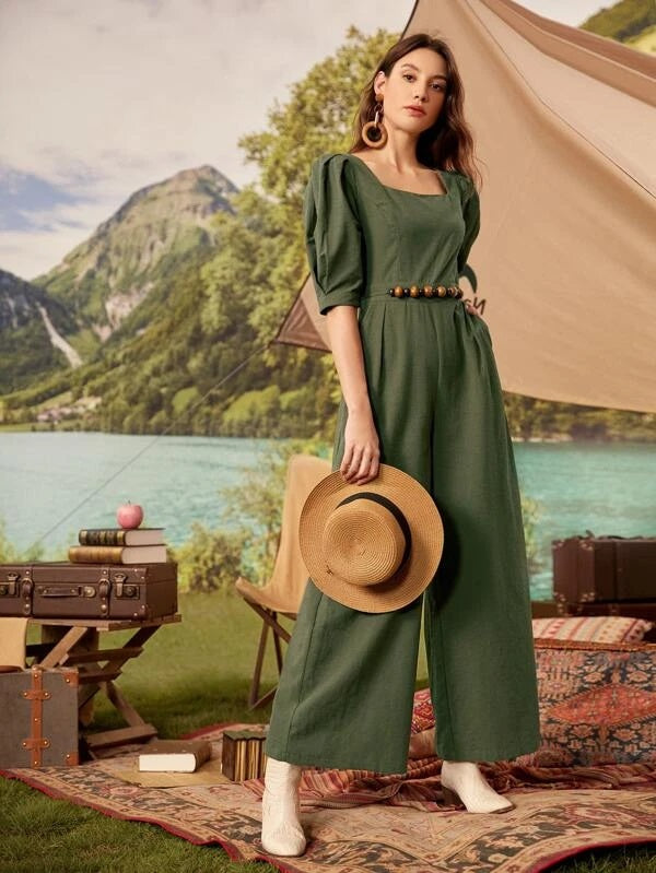 CM-JS524804 Women Trendy Bohemian Style Zipper Back Puff Sleeve Belted Palazzo Jumpsuit - Army Green