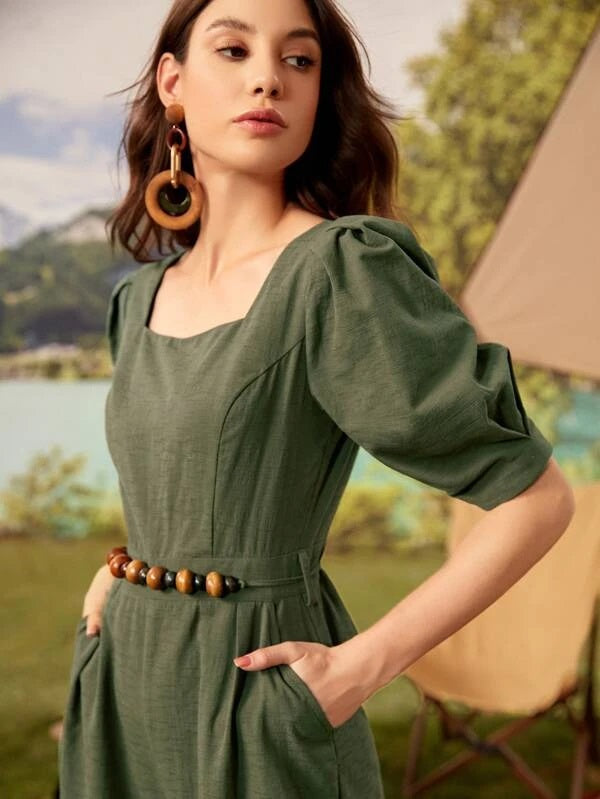 CM-JS524804 Women Trendy Bohemian Style Zipper Back Puff Sleeve Belted Palazzo Jumpsuit - Army Green