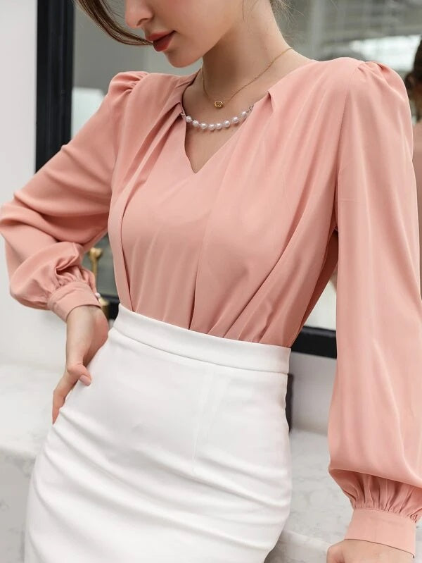CM-TS615901 Women Casual Seoul Style Notched Neckline Puff Sleeve Solid Blouse - Coral Pink