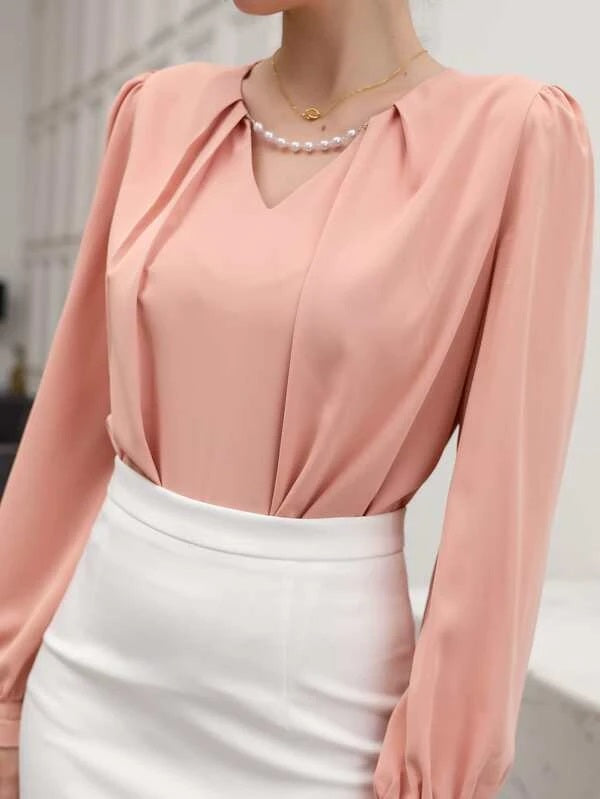 CM-TS615901 Women Casual Seoul Style Notched Neckline Puff Sleeve Solid Blouse - Coral Pink