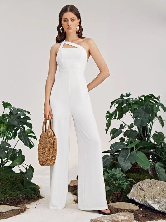 CM-JS527110 Women Elegant Seoul Style One Shoulder High Waist Solid Jumpsuit - White
